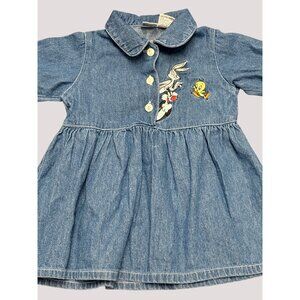 Vintage Acme Baby Looney Toons Denim Dress Bugs Bunny Tweety Embroidered Rare